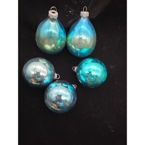 Lot of 5 Vtg Shiny Brite Teal Blue 2 Pear Shape 3 Round Mercury Glass Ornaments